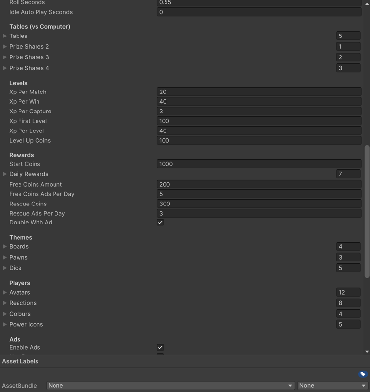 Game Config: tables, levels and rewards