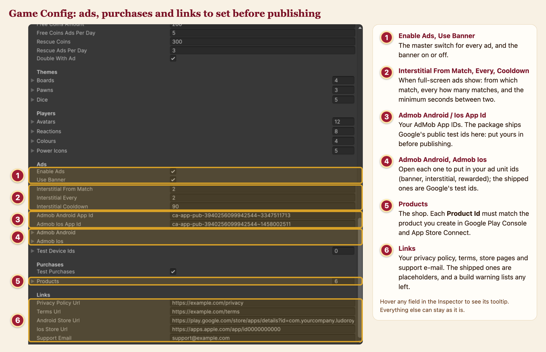 Game Config with numbered callouts on ads, products and links